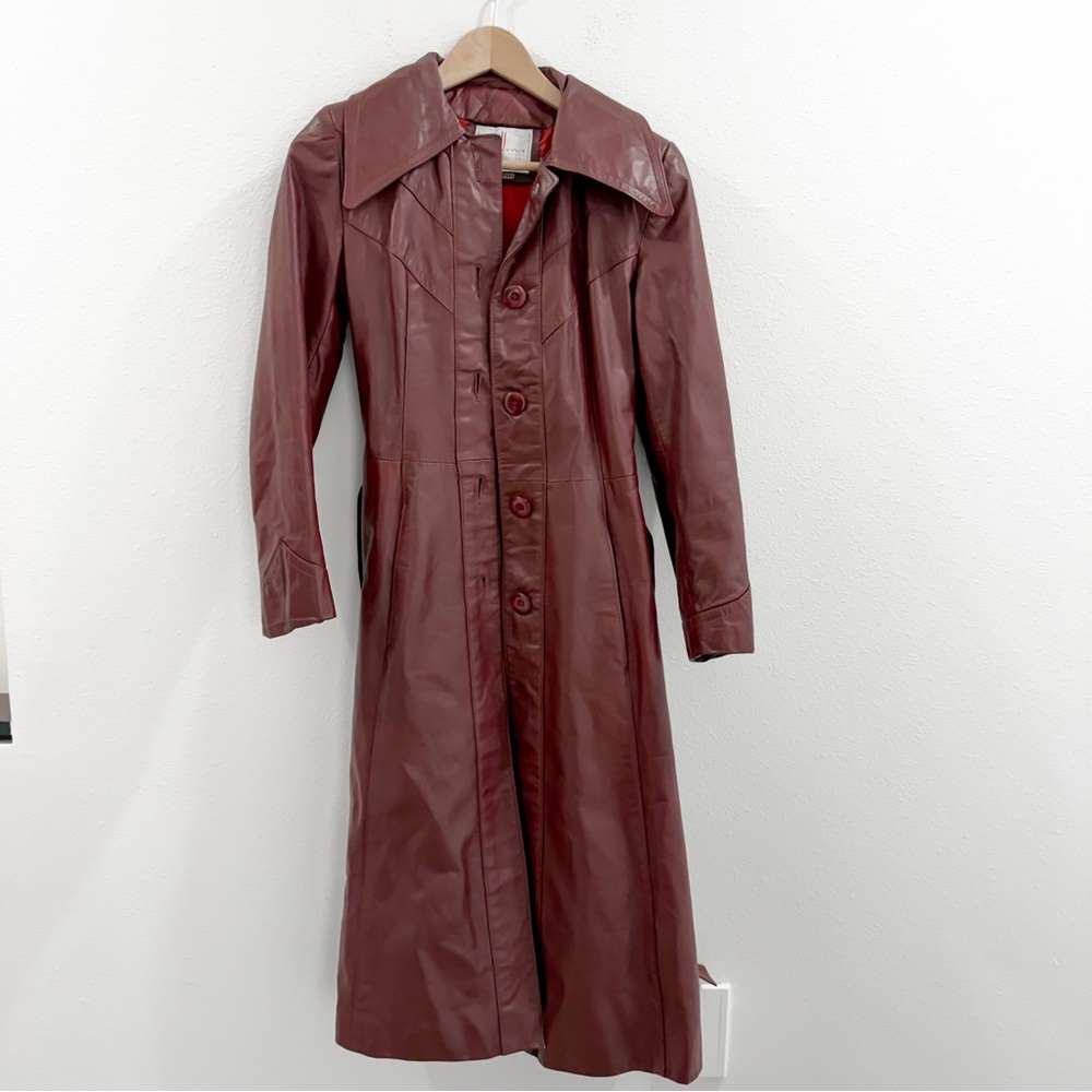 Vintage Y2K 70s Retro Wilson Leather‎ Burgundy Leather Trench Coat XS-S - Picture 3 of 9